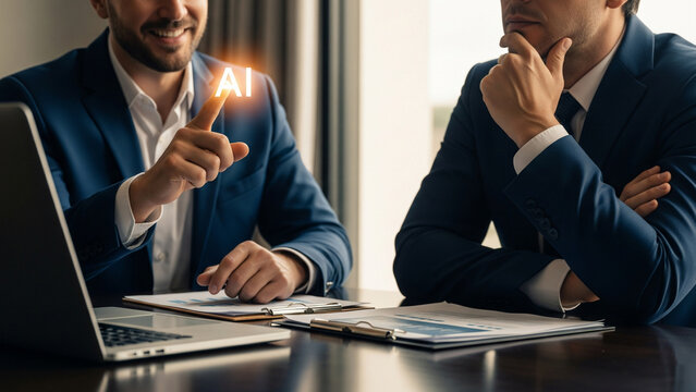 A person proposing the introduction of AI technology at a business meeting and a person thinking