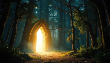 Glowing portal opening in the middle of an enchanted forest, mysterious light spilling out, magical realism concept