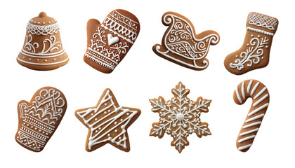 Set of eight Christmas gingerbread cookies isolated on white background - bell, two mittens, sleigh, stocking, star, snowflake and candy cane decorated with white icing.