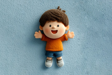 Cute plush-style boy character with orange sweater, blue shorts, and happy expression on soft textured blue background Generative AI