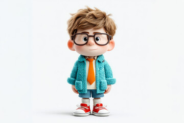 Cute animated boy character with glasses, teal fuzzy coat, orange tie, and red sneakers on white background Generative AI