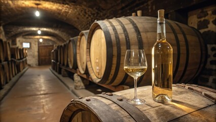 Wine bottle and glass in a barrel cellar