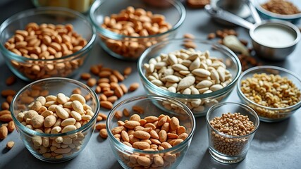 Variety of nuts and seeds in glass bowls on gray surface