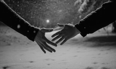 Two hands reaching out in snowy night