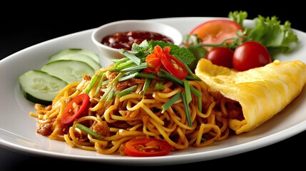 Mee Goreng Mamak with Omelette and Fresh Garnish