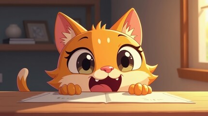 The charming head of a cartoon cat is elevated just enough to peer onto a table, its curious expression conveyed through slightly furrowed brows and an open mouth.