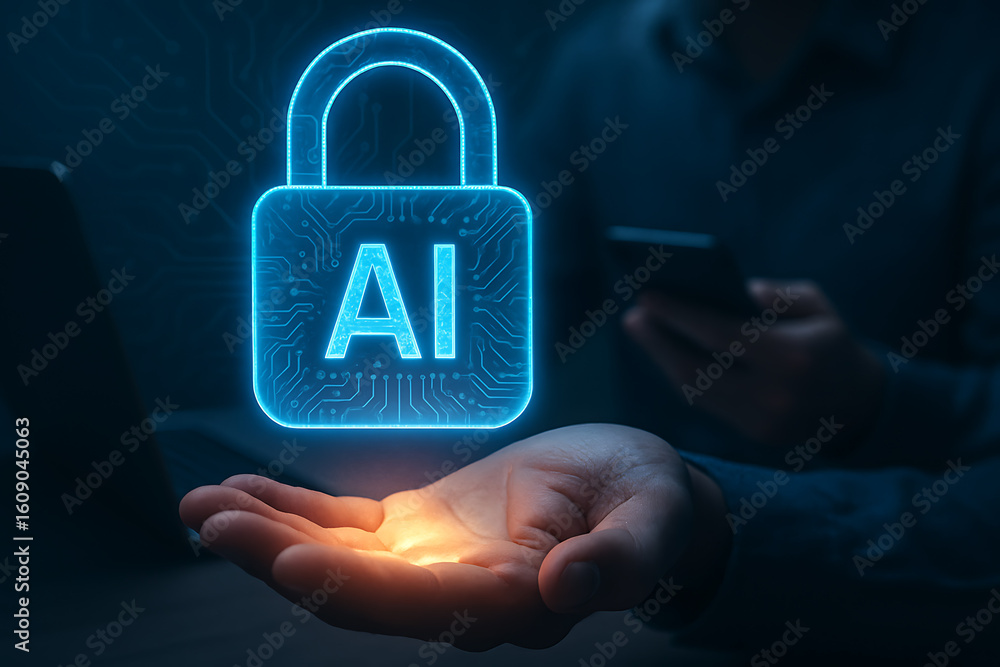 Poster hand beneath ai padlock symbol showing cyber security and artificial intelligence protection interfa