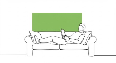 Relaxed Man Sitting on Couch Reading Tablet in Modern Living Room with Green Wall