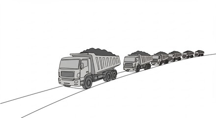 Line of Heavy Duty Trucks Moving on Road in Urban Area