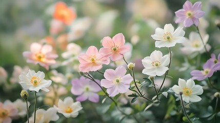 serene garden with pastel anemones blooming in harmony for peaceful floral symphony gentle colors calming nature tranquil beauty soothing atmosphere concept.