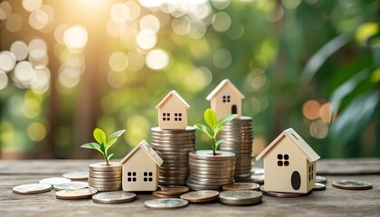 Real estate investment and financial growth concept-Stacks of coins with small house models and green plants symbolize real estate investment, property value growth, and sustainable finance.