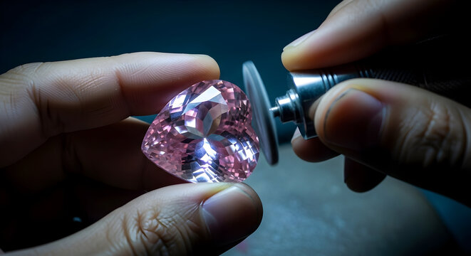 Close-up of hands polishing a large pink gemstone with a rotary tool for jewelry making or gemstone refinement in a detailed workshop setting - Powered by Adobe