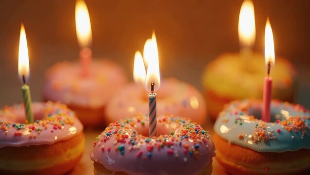 Close-up shot: A vibrant display of frosted donuts with colorful sprinkles and lit candles. The camera slowly zooms in to highlight the flickering flames, creating a warm, celebratory ambiance.