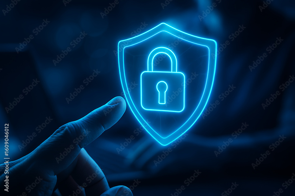 Poster finger pointing at glowing shield with padlock icon as symbol of data security and privacy protectio