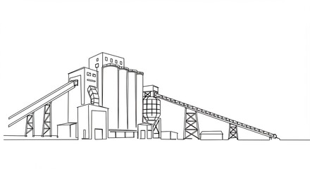 Industrial Factory Building with Silos and Conveyor Belt in Line Art Style