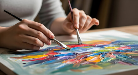 Naklejka premium Close-up of an artist's hands painting a colorful abstract artwork on paper with brushes in a well-lit studio or workspace environment for creative artistic expression and painting hobby