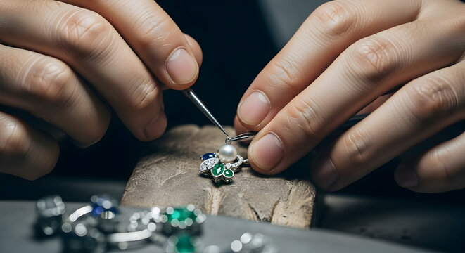 Close-up of a jeweler's hands working on a ring with a small gemstone using a precision tool in a professional jewelry workshop setting for detailed craftsmanship and fine jewelry making