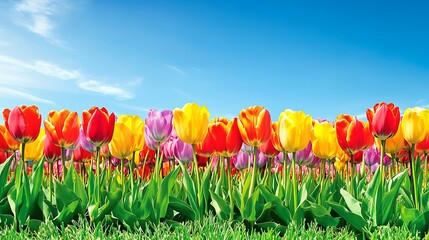vibrant spring tulips under sunny sky for lively nature scene colorful flowers fresh breeze peaceful garden bright joyful atmosphere concept.