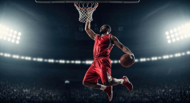 Dynamic Basketball Player Mid-Air Dunk in Stadium, Red Uniform, Intense Action, Crowd, Bright Lights