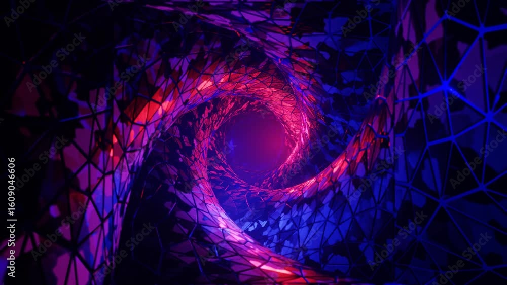 Poster an abstract, futuristic tunnel swirls with vibrant pink and blue neon lights, creating a dynamic vor