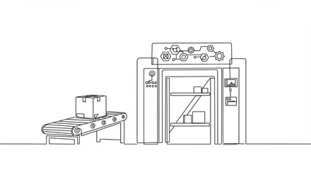 Line Drawing of Automated Packaging Machine with Conveyor Belt and Box