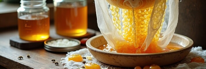 Honeycomb extraction process with fresh honey dripping into wooden bowl on rustic table