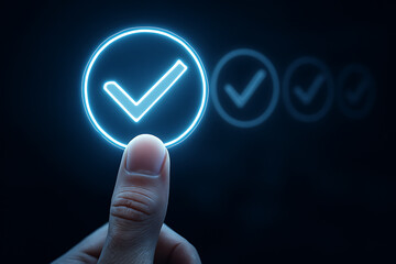 Thumb touching glowing checkmark symbol in virtual interface representing data validation system, confirmation icon or secure digital approval process