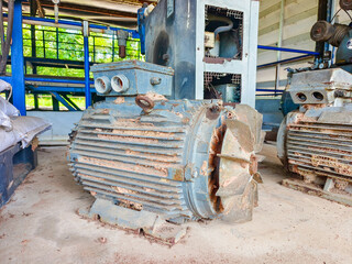 Motor electrical power industrial factory old. Broken motor industrial junk. Industrial repair...