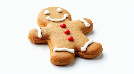 An inviting gingerbread cookie, showcasing its rich warm brown hue and exquisite icing details, is perfectly isolated on a clean white backdrop.