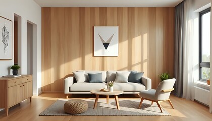 3d japandi studio interior, minimal neutral tones, geometric wall art, space-saving furniture, modern cozy living room, soft natural lighting