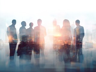 Fototapeta premium Silhouetted Business Figures Over Cityscape. A Design for Financial Promotional Posters and Corporate Backgrounds.