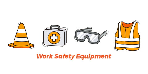 Set of cartoon icons of safety equipment such as goggles, first aid kit, and traffic cones