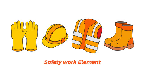 Set of cartoon icons of safety equipment such as gloves, vests, helmets and boots