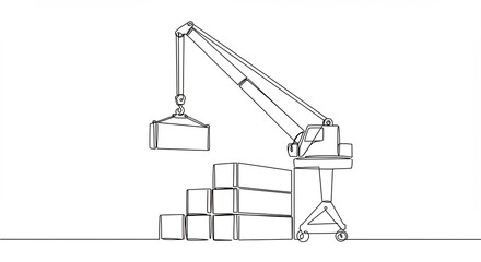 Line Drawing of Crane with Stacked Boxes in Minimalist Style for Industrial or Construction Themes
