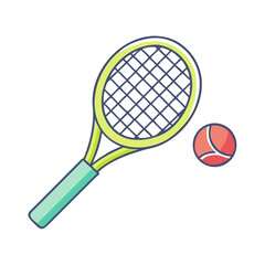 Cartoon tennis racket with lime green trim and red tennis ball