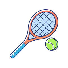 Colorful Tennis Racket and Ball Illustration with Bold Outlines on White Background