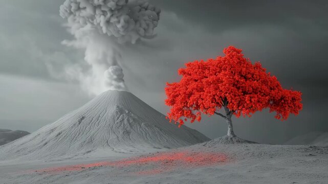 Cinematic and surreal infrared style landscape featuring a dramatic volcanic eruption with smoke and ash, alongside a strange tree in vivid red bloom. Perfect for abstract concepts, moody storytelling
