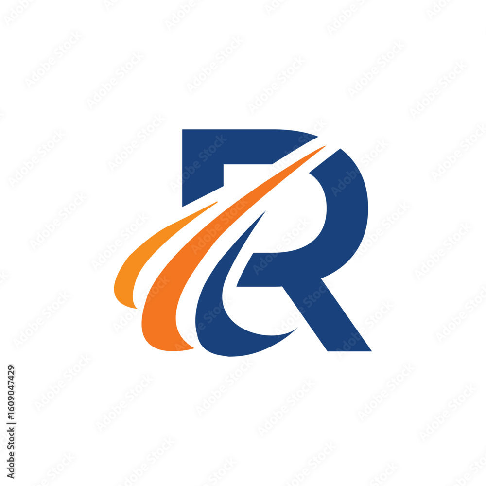 Poster The image shows an initial logo design of a letter R in simple flat style with three swoosh lines as the focal point. It looks and clean and modern in blue and orange color on a white background.