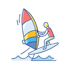 Stylized Illustration of a Windsurfer Sailing on the Water with Colorful Sail