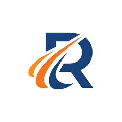 The image shows an initial logo design of a letter R in simple flat style with three swoosh lines as the focal point. It looks and clean and modern in blue and orange color on a white background.