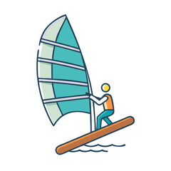 Colorful Cartoon of a Windsurfer Enjoying the Ocean Waves on a Sunny Day