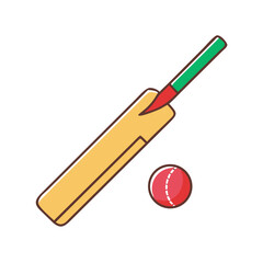 Stylized cartoon cricket bat and red cricket ball illustration on white