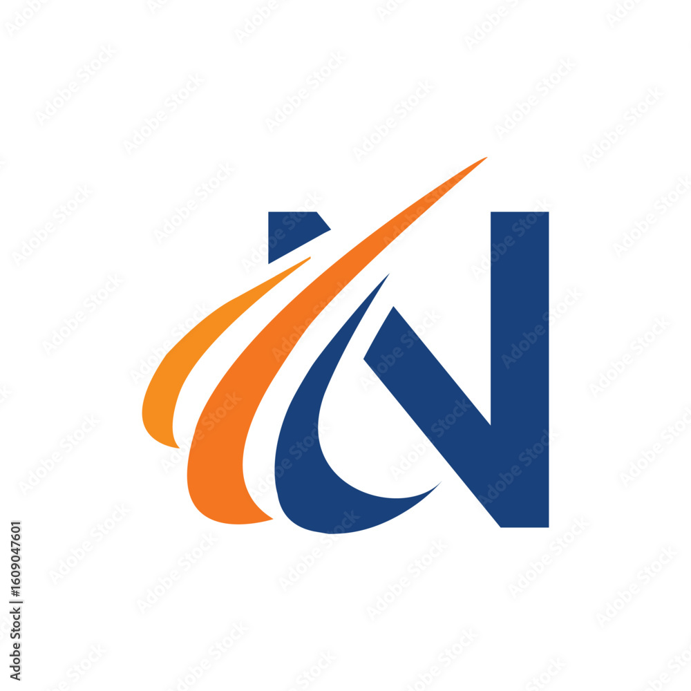 Poster The image shows an initial logo design of a letter N in simple flat style with three swoosh lines as the focal point. It looks and clean and modern in blue and orange color on a white background.