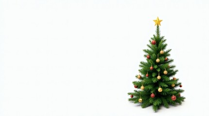 The festive Christmas tree, singularly isolated on a bright white setting, clearly reveals its attractive vibrant green needles and luxurious decorative ornaments.