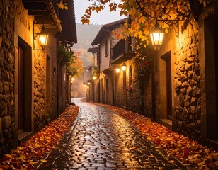 Cobblestone street through a peaceful village in autumn, the street lit by vintage lanterns, fallen fall leaves on the ground, with misty rolling hills in the background