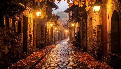 Cobblestone street through a peaceful village in autumn, the street lit by vintage lanterns, fallen fall leaves on the ground, with misty rolling hills in the background 