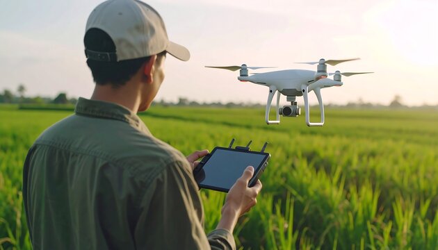 Farmer controls drone over paddy field (1)