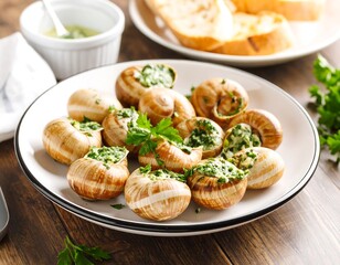 Appetizer of cooked snails, butter, and herbs on a plate
