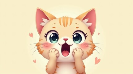 A charming vector style chibi cat's face is shown, displaying a comical expression with puffed-out cheeks, symbolizing a moment of endearing feline curiosity.