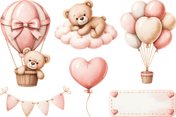 Hand painted baby shower with teddy bear, hot air balloon and heart cloud Illustration. 
